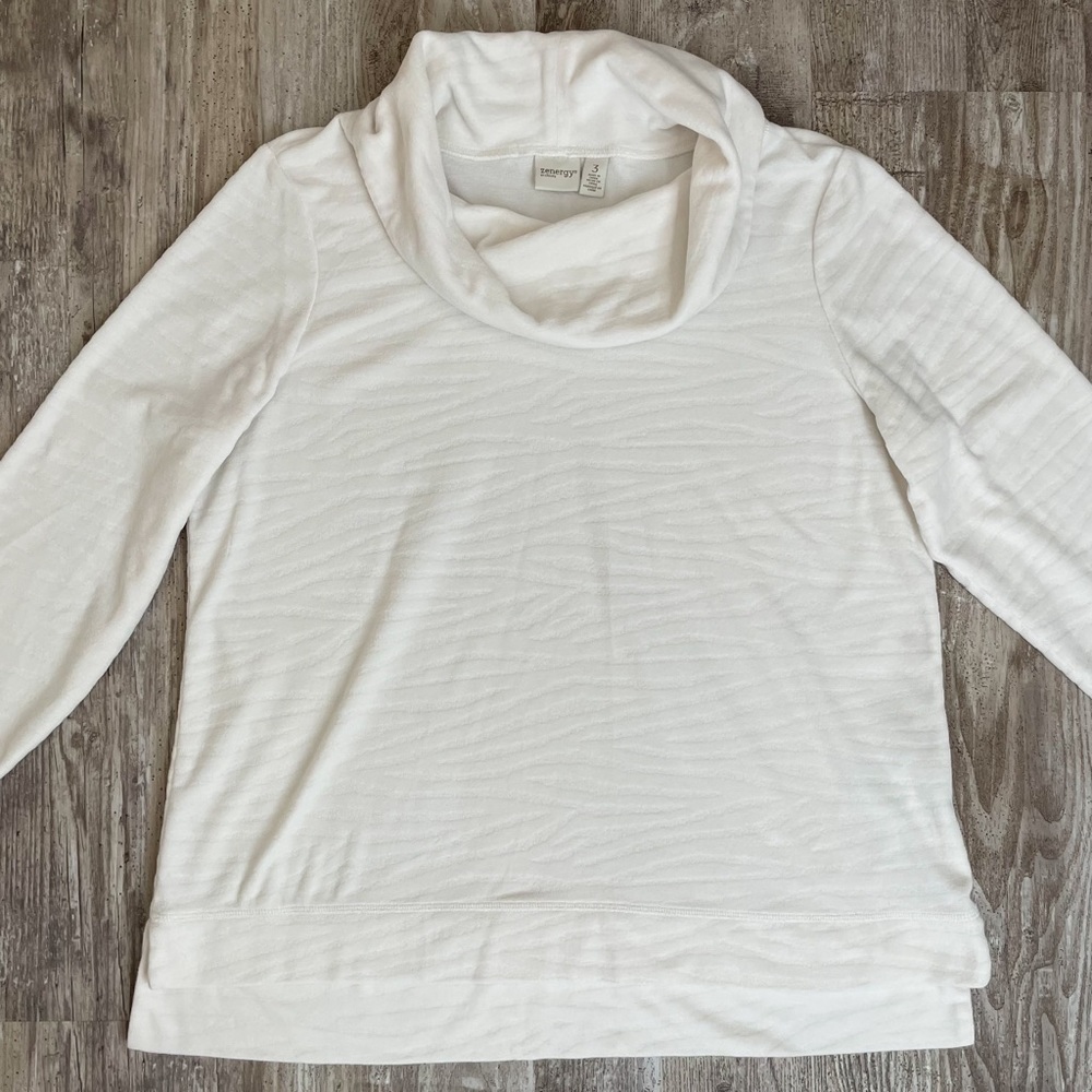 Chico’s Womens Zenergy Sweater White Zebra Animal Print Cowl Neck 3/4 Sleeves 3
